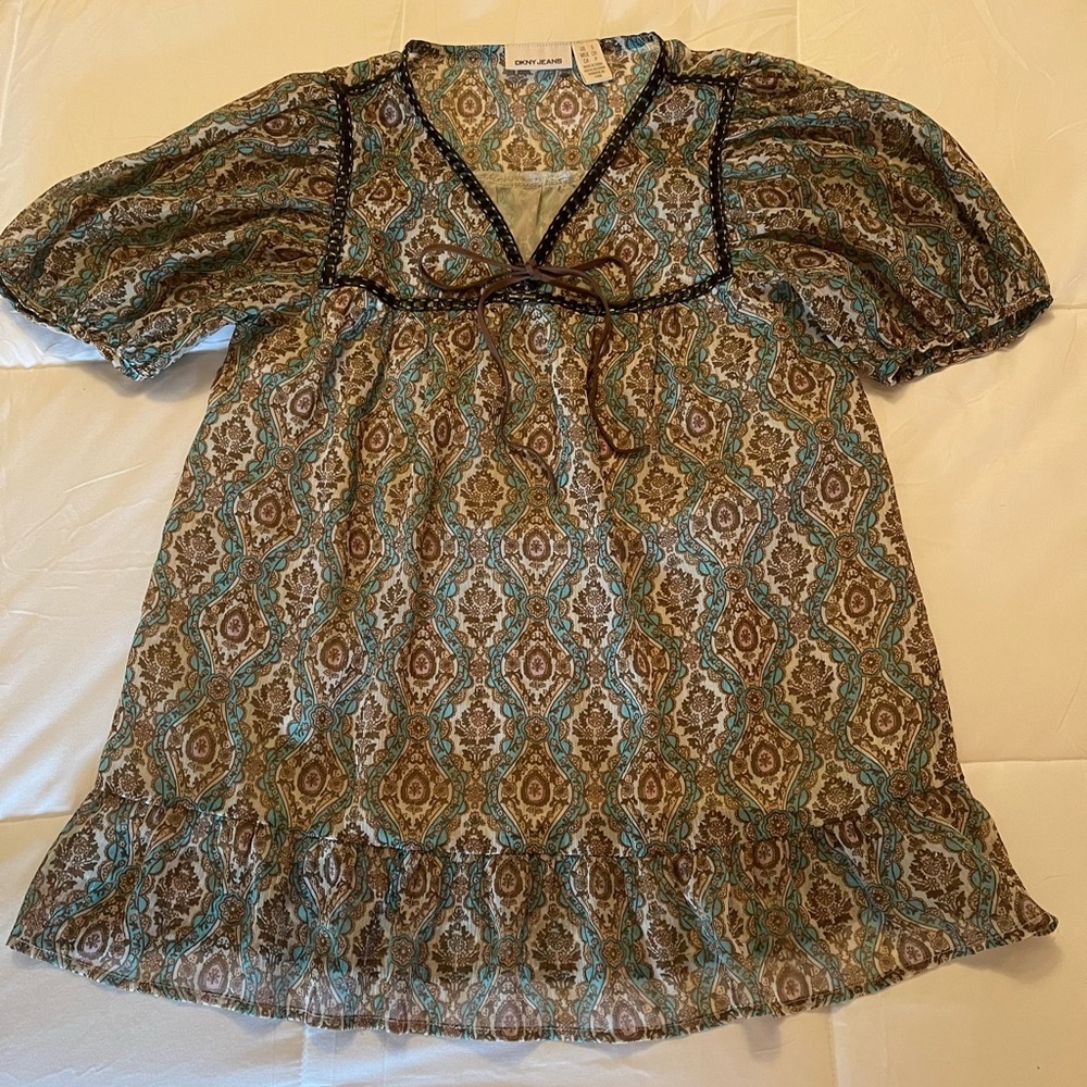DKNY JEANS/women’s top, size S, aqua and brown with gold threading